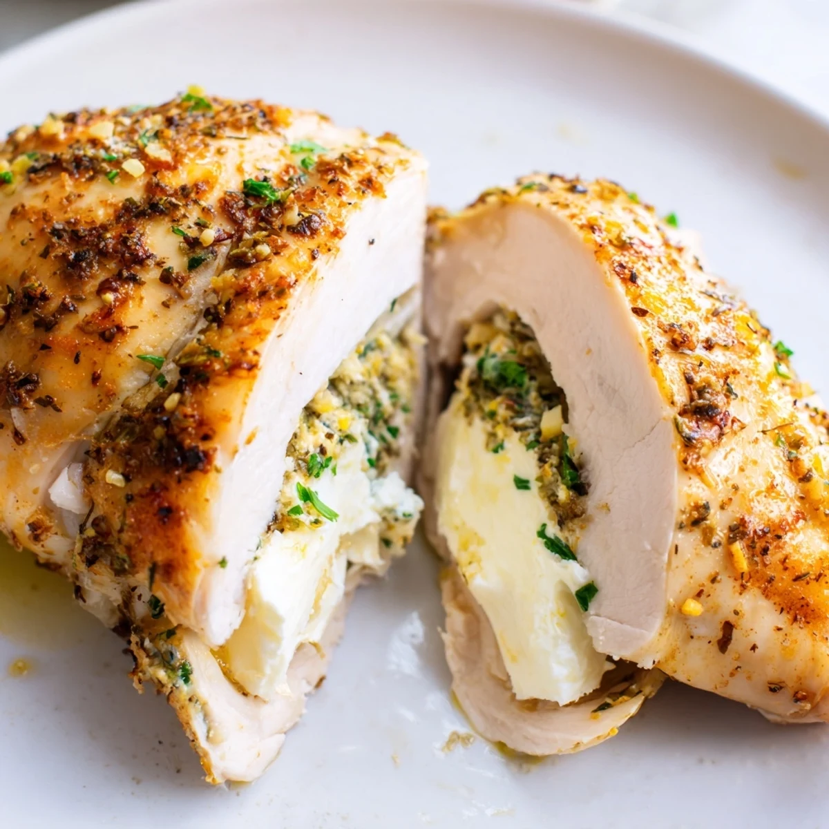 Golden baked goat cheese chicken stuffed with herbs and creamy lemon filling on a rustic plate