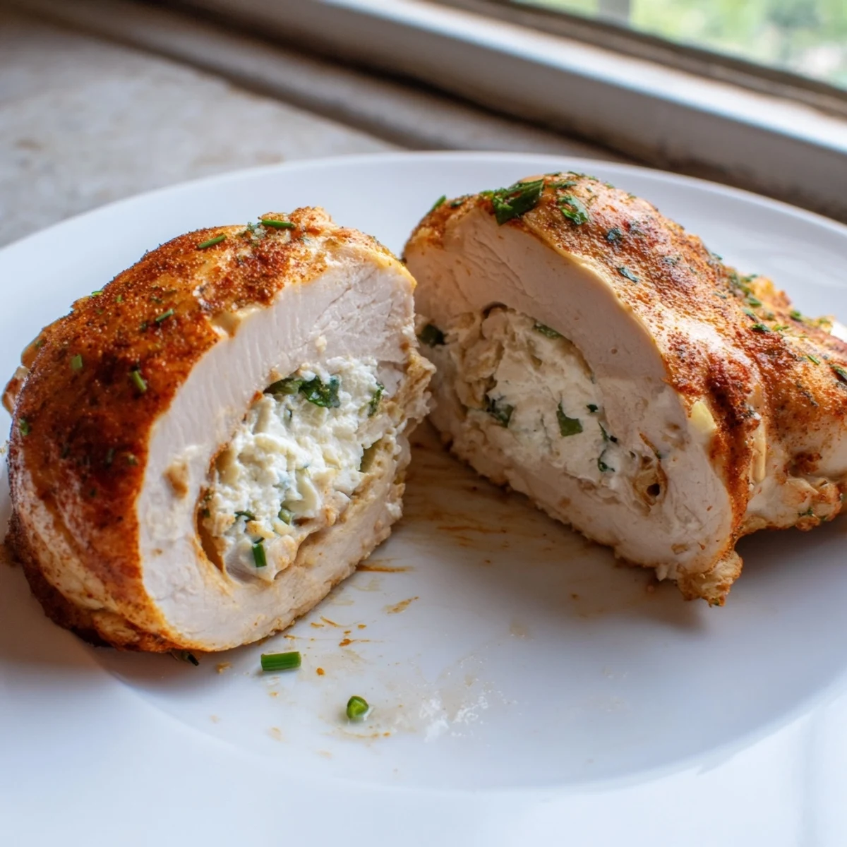 Juicy goat cheese chicken sliced open to reveal a creamy herb filling with fresh chives