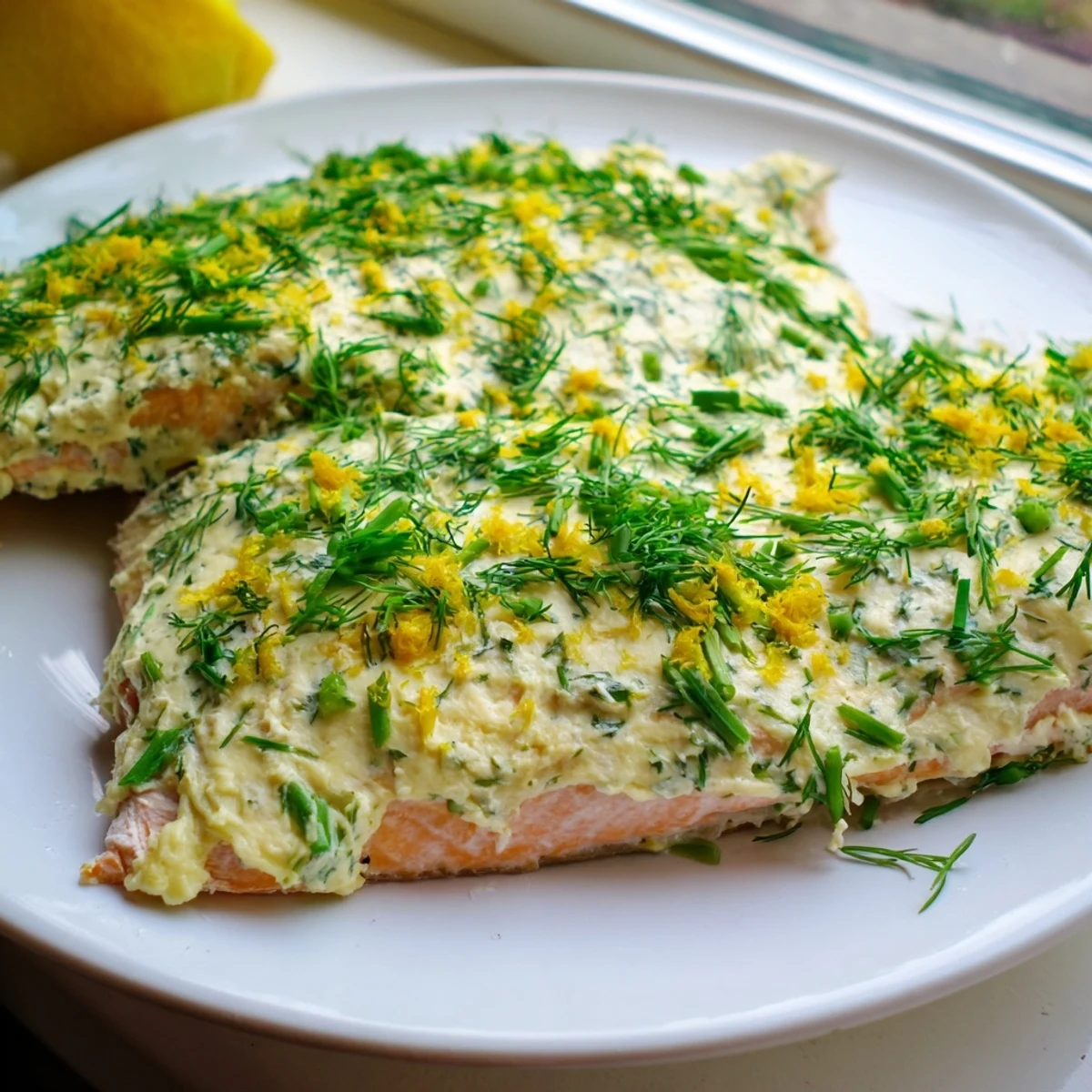 Golden Boursin salmon served hot on a plate with bright lemon wedges