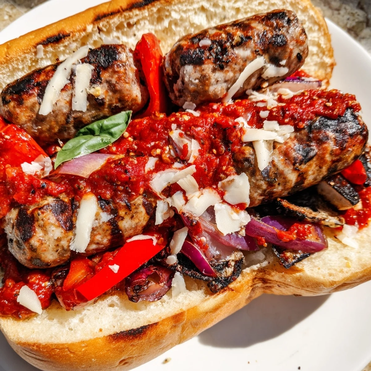 Crusty grilled sausage grinders loaded with smoky charred tomato sauce and melted mozzarella cheese
