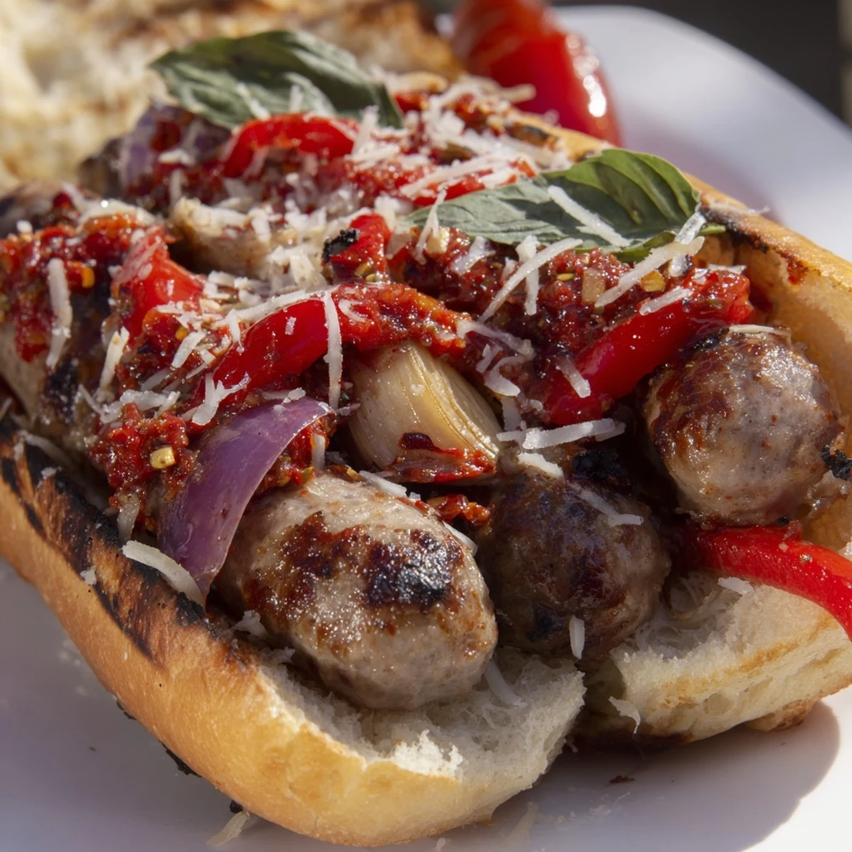Juicy Italian sausages tucked into golden toasted hoagie rolls dripping with homemade grilled tomato sauce