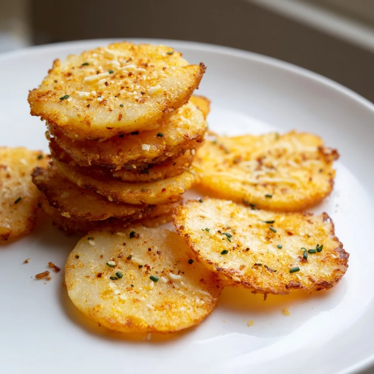 Savory cottage cheese chips with golden edges cooling on a rustic baking sheet