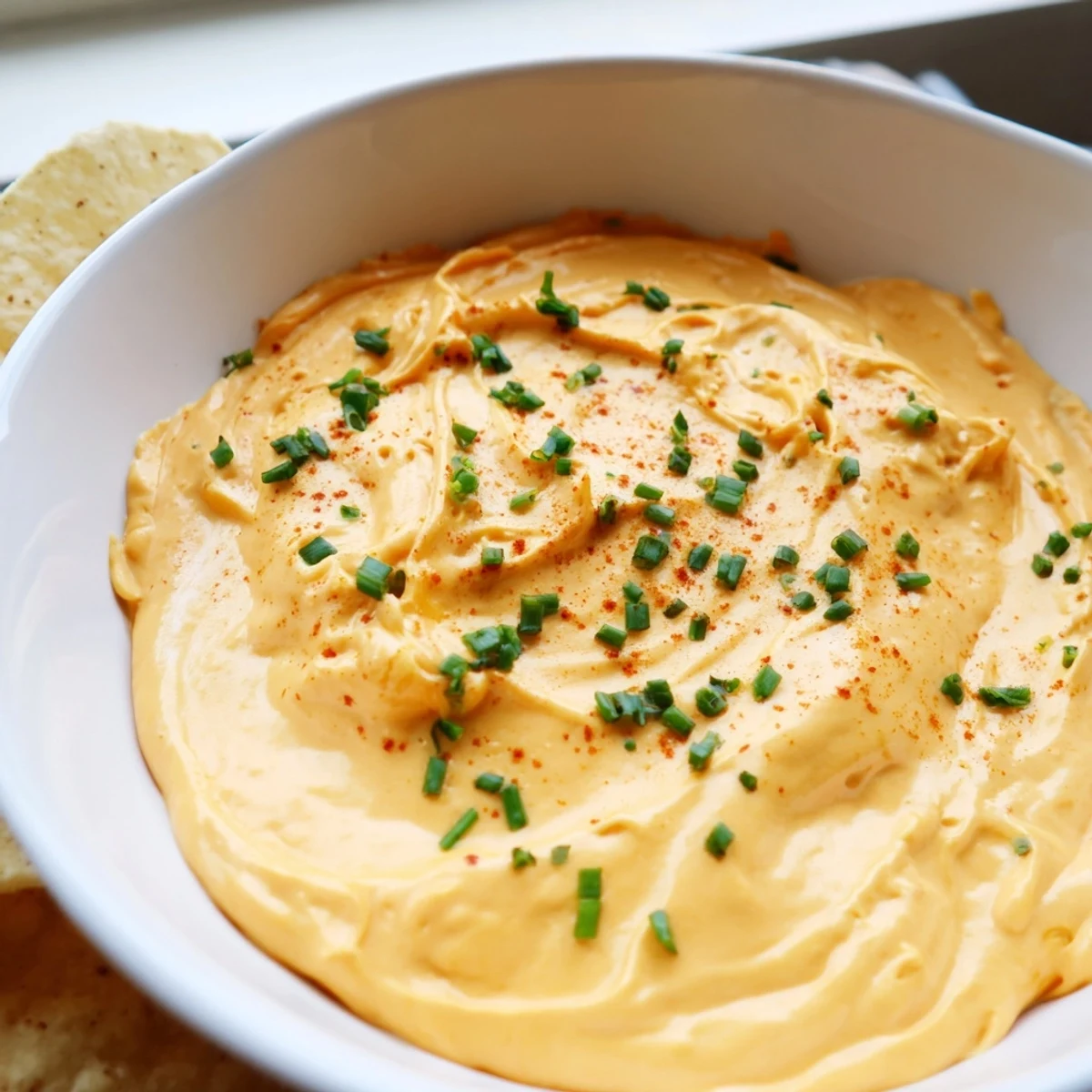 Warm creamy cheese dip in a rustic bowl surrounded by golden tortilla chips