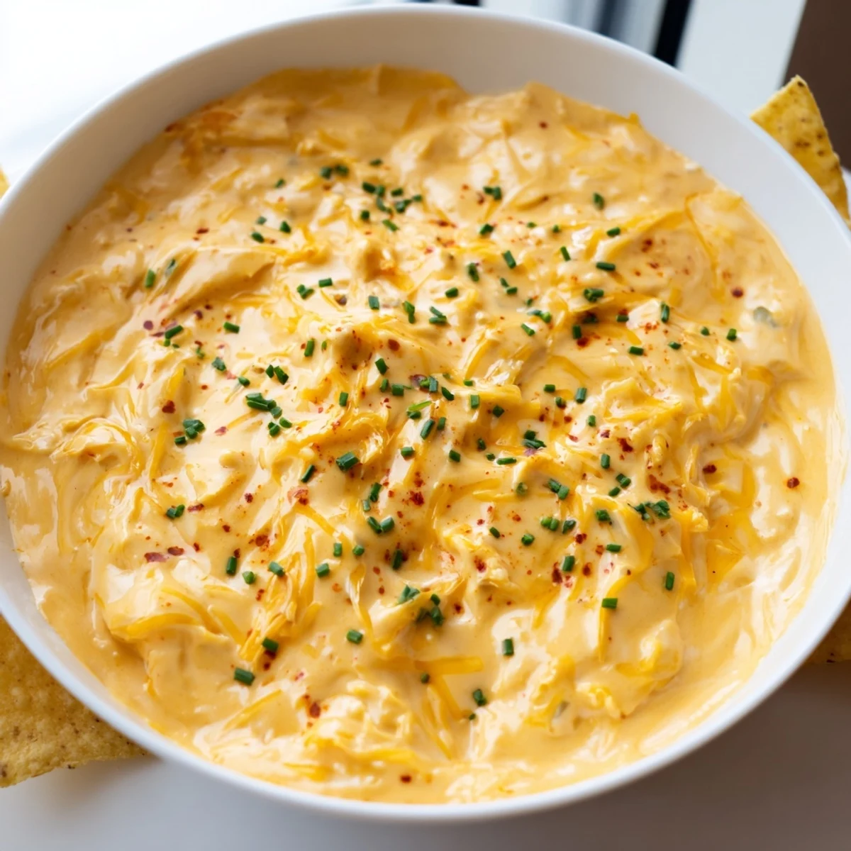 Smooth melted cheddar cheese dip topped with fresh chives in a serving dish