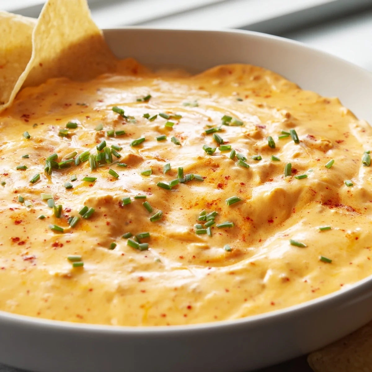 Bubbling spicy cheese dip poured into a bowl beside crisp vegetable sticks