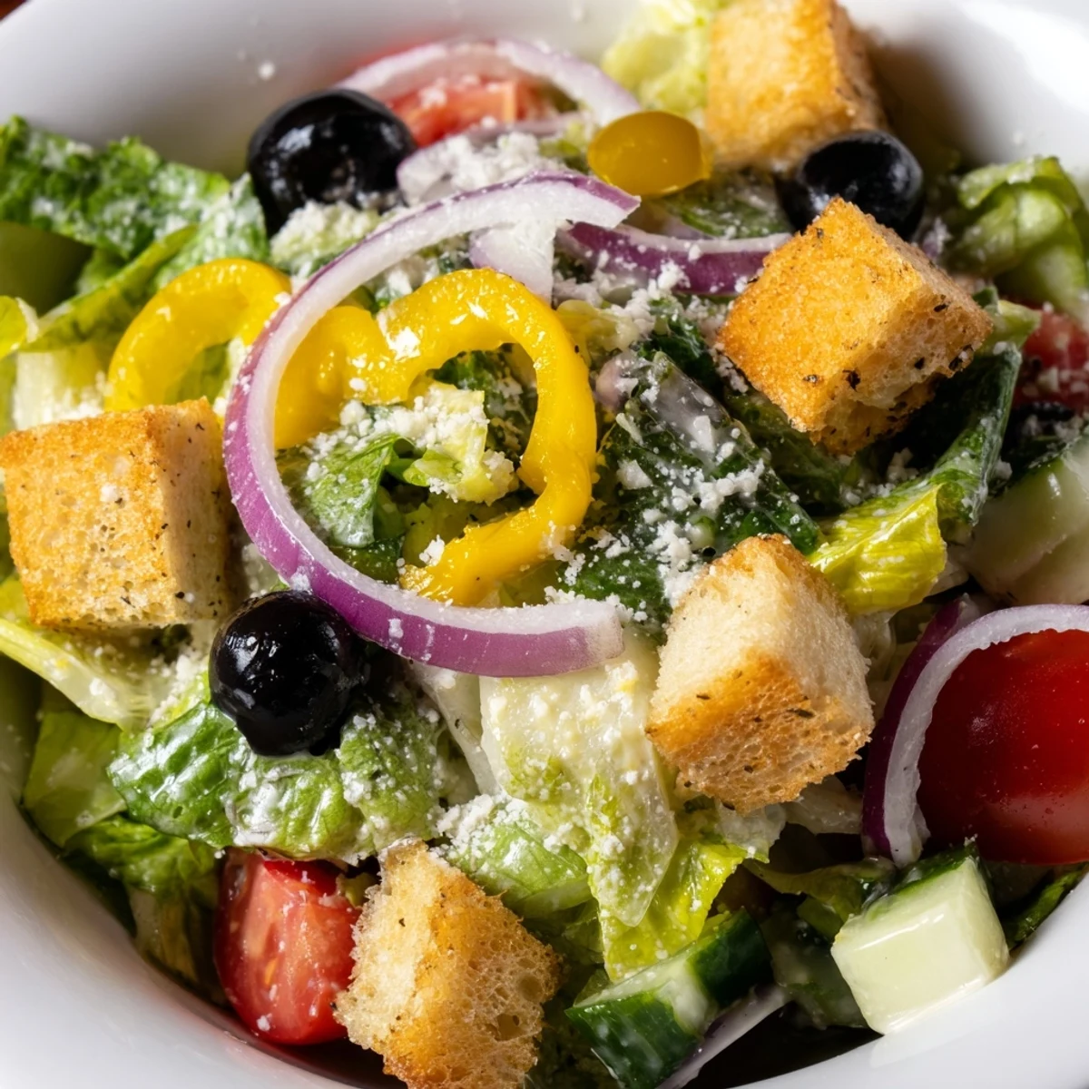 Crisp Olive Garden Salad topped with crunchy croutons and creamy Parmesan dressing