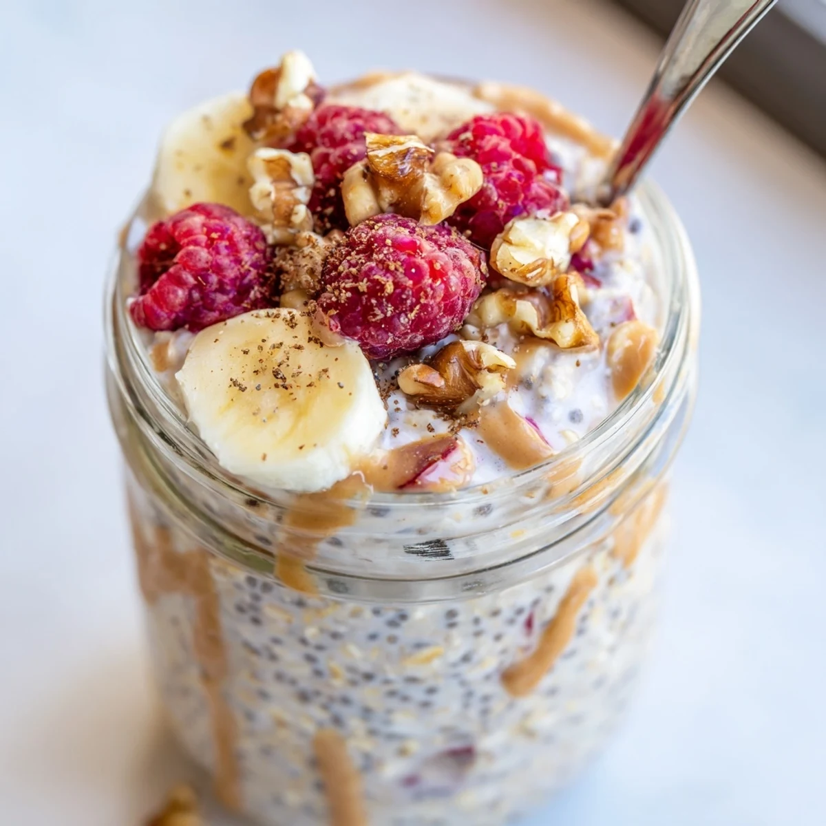 Creamy protein overnight oats topped with fresh berries in a glass jar