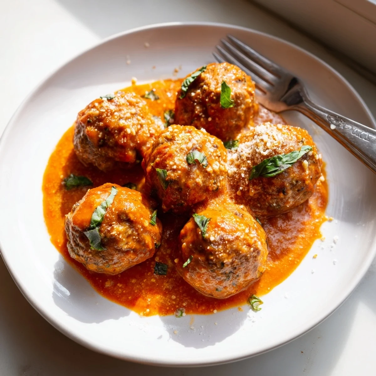Golden brown Creamy Tomato Basil Meatballs swimming in a velvety red sauce
