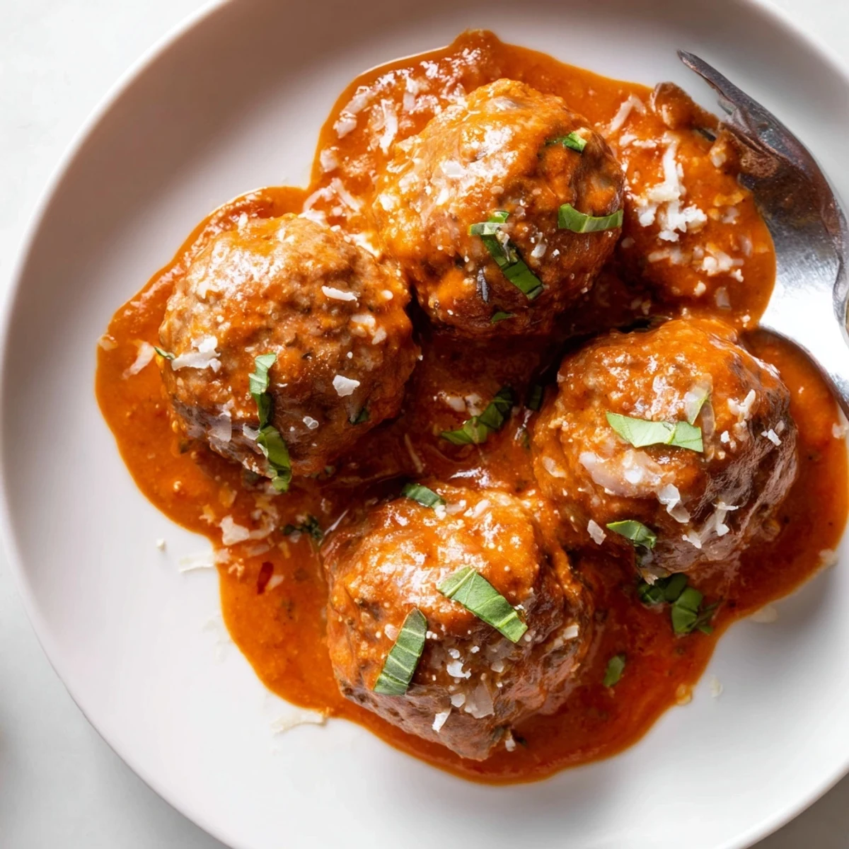 Creamy Tomato Basil Meatballs topped with fresh herbs in a cast iron skillet
