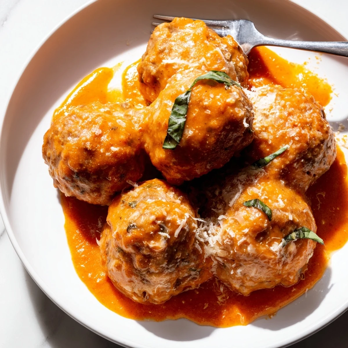 A steaming bowl of Creamy Tomato Basil Meatballs served over buttered pasta
