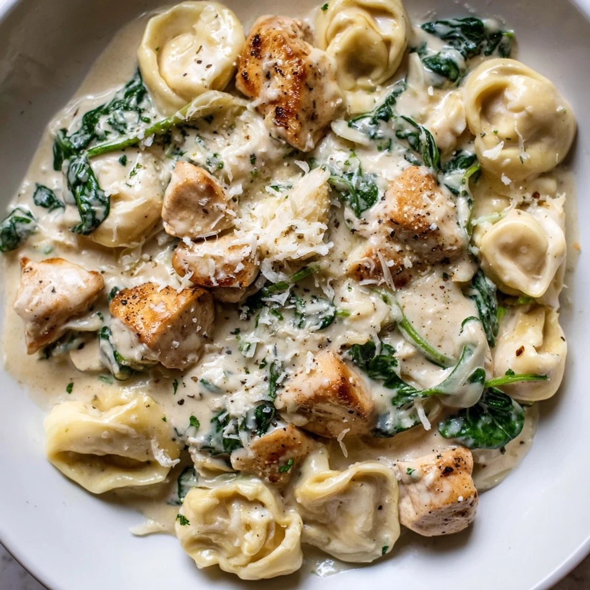 Golden seared chicken and plump tortellini swimming in a velvety garlic Parmesan cream sauce with wilted spinach