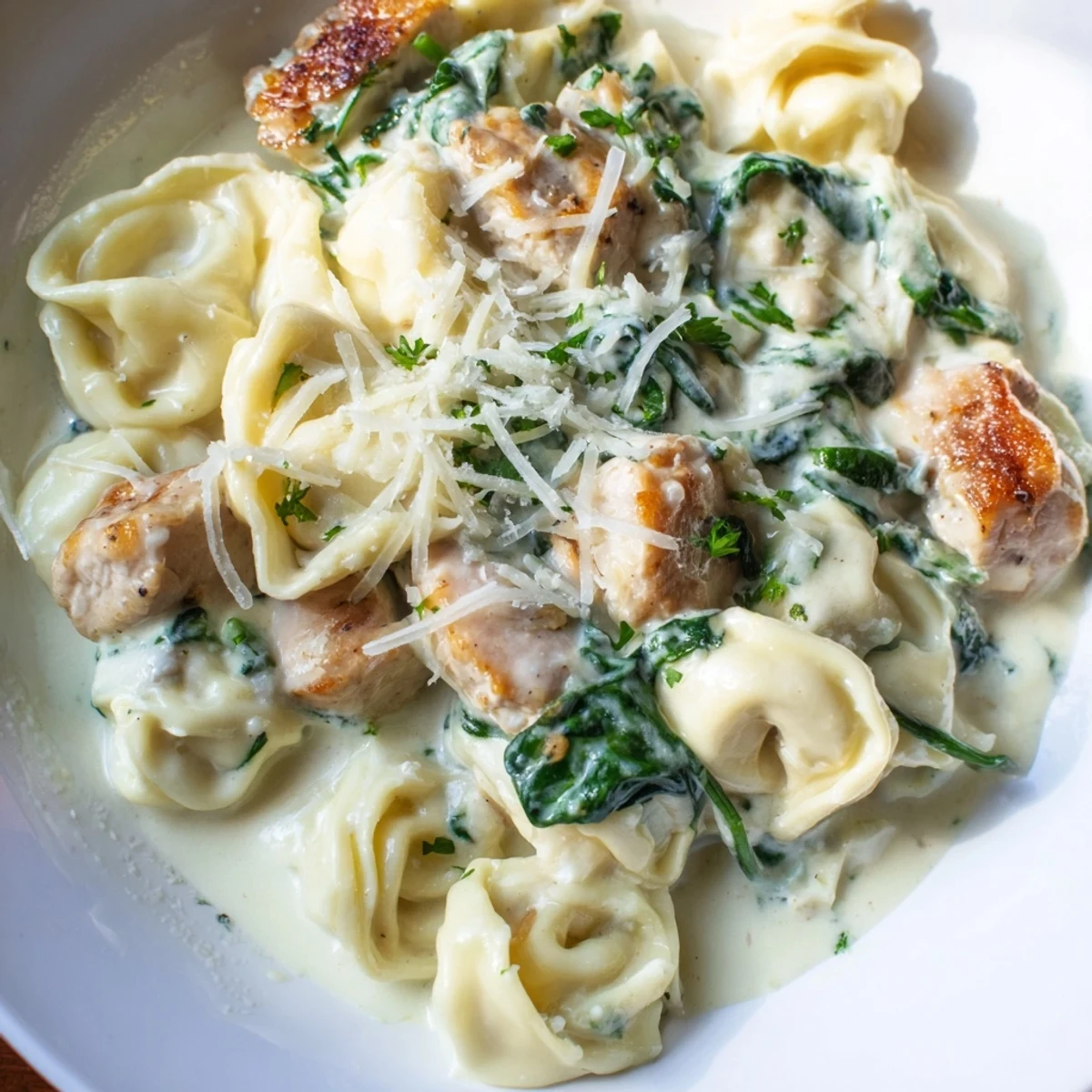 Steaming skillet of Creamy Garlic Chicken Tortellini with Spinach tossed in a rich, garlicky white sauce