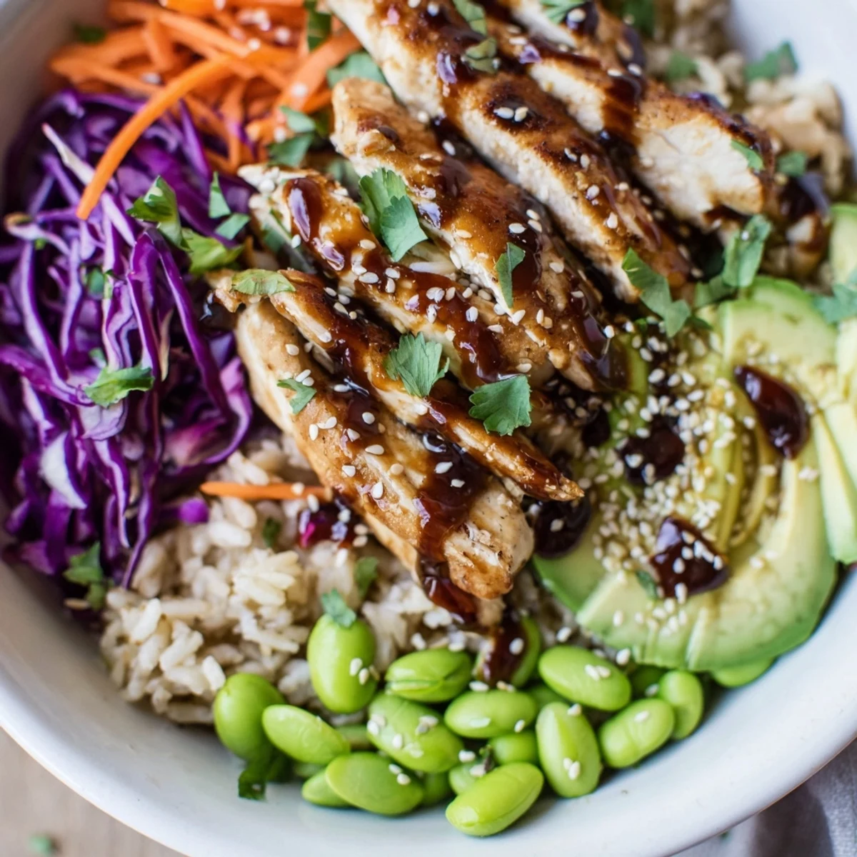 Tender marinated chicken strips served over rice with shredded cabbage and tangy sesame-ginger dressing.