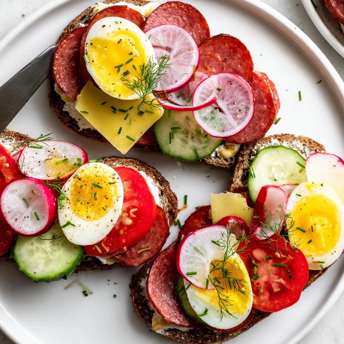 Open-faced Polish sandwiches topped with kielbasa, cheese, and crisp fresh vegetables