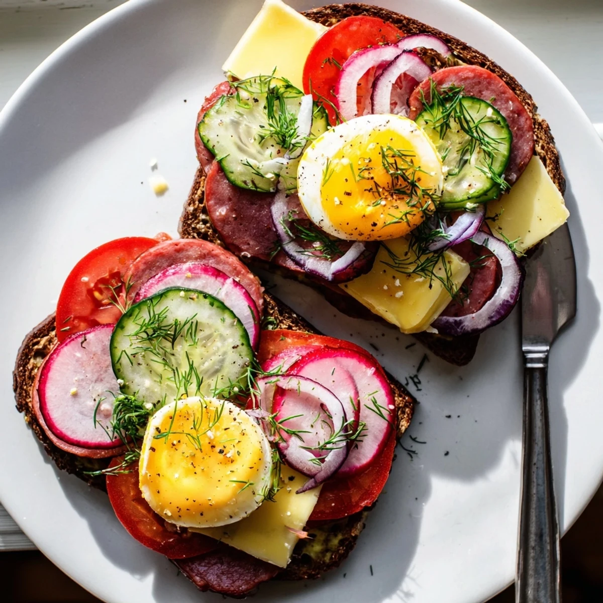 Colorful kanapki arranged on rye bread with sliced tomato, cucumber, and dill