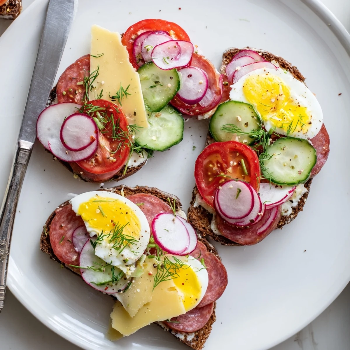 Hearty Polish open-faced sandwiches layered with egg, radish, and melted yellow cheese