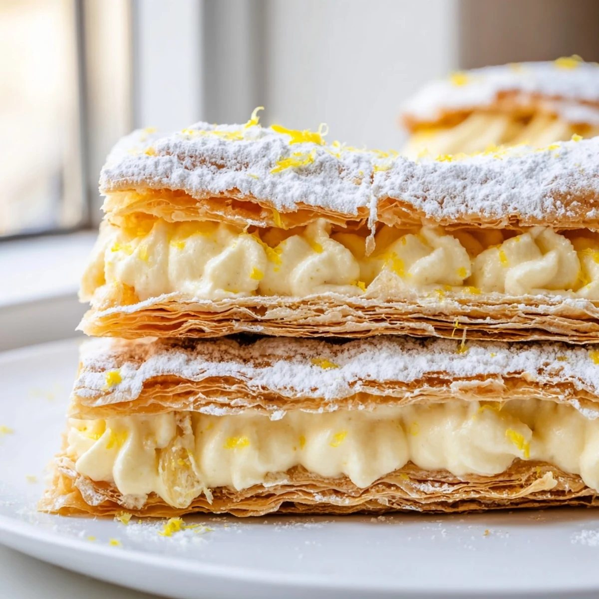Flaky lemon ricotta puff pastry mille feuille dusted with powdered sugar on a white plate