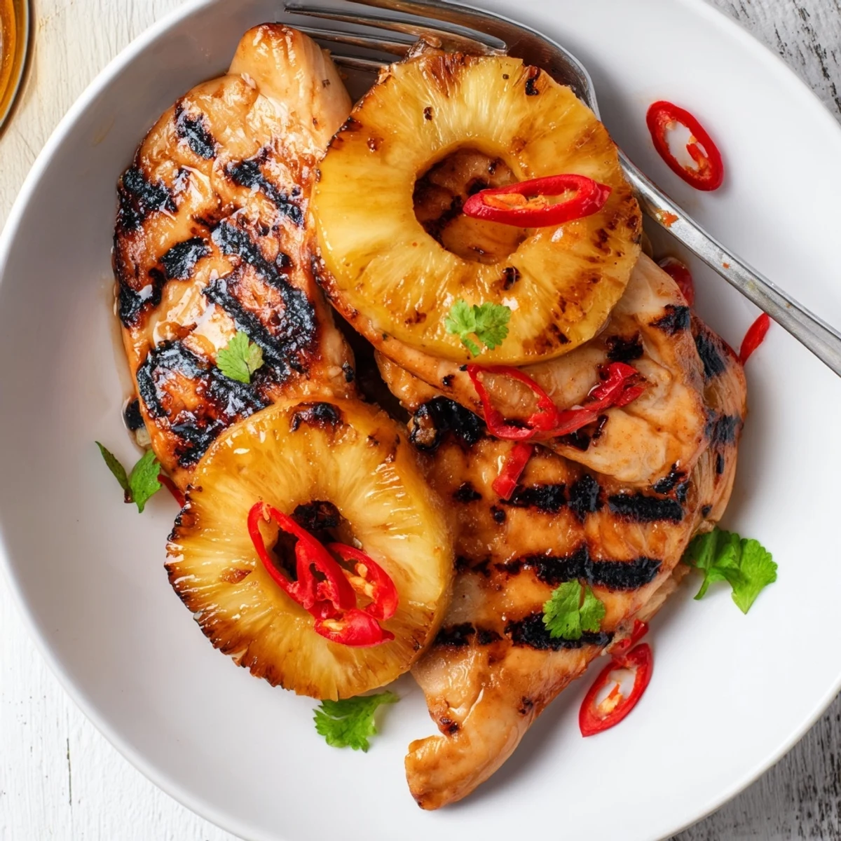 Juicy Chili Pineapple Grilled Chicken with caramelized pineapple rings on a rustic plate