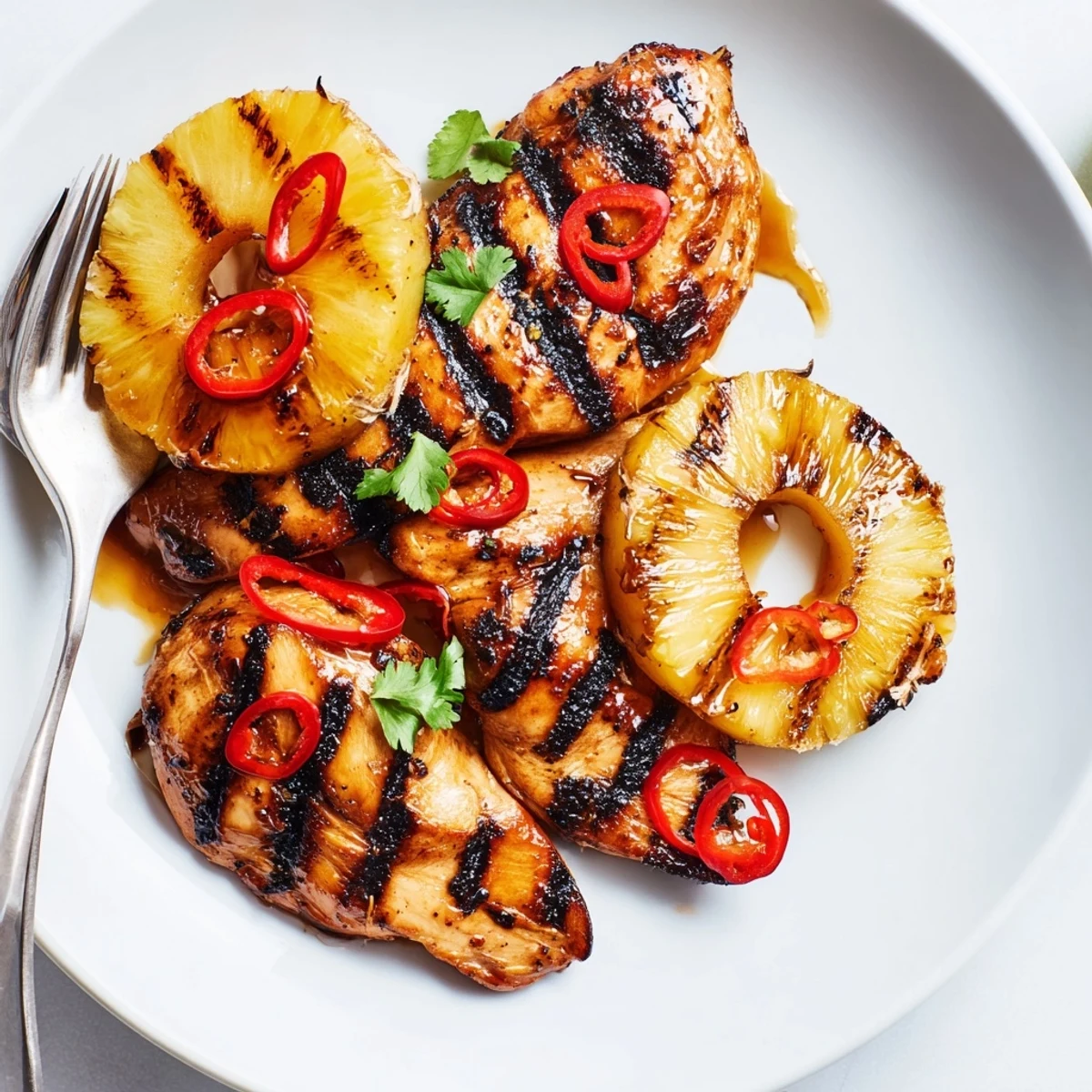 Golden Chili Pineapple Grilled Chicken sliced open showing tender meat alongside charred fruit