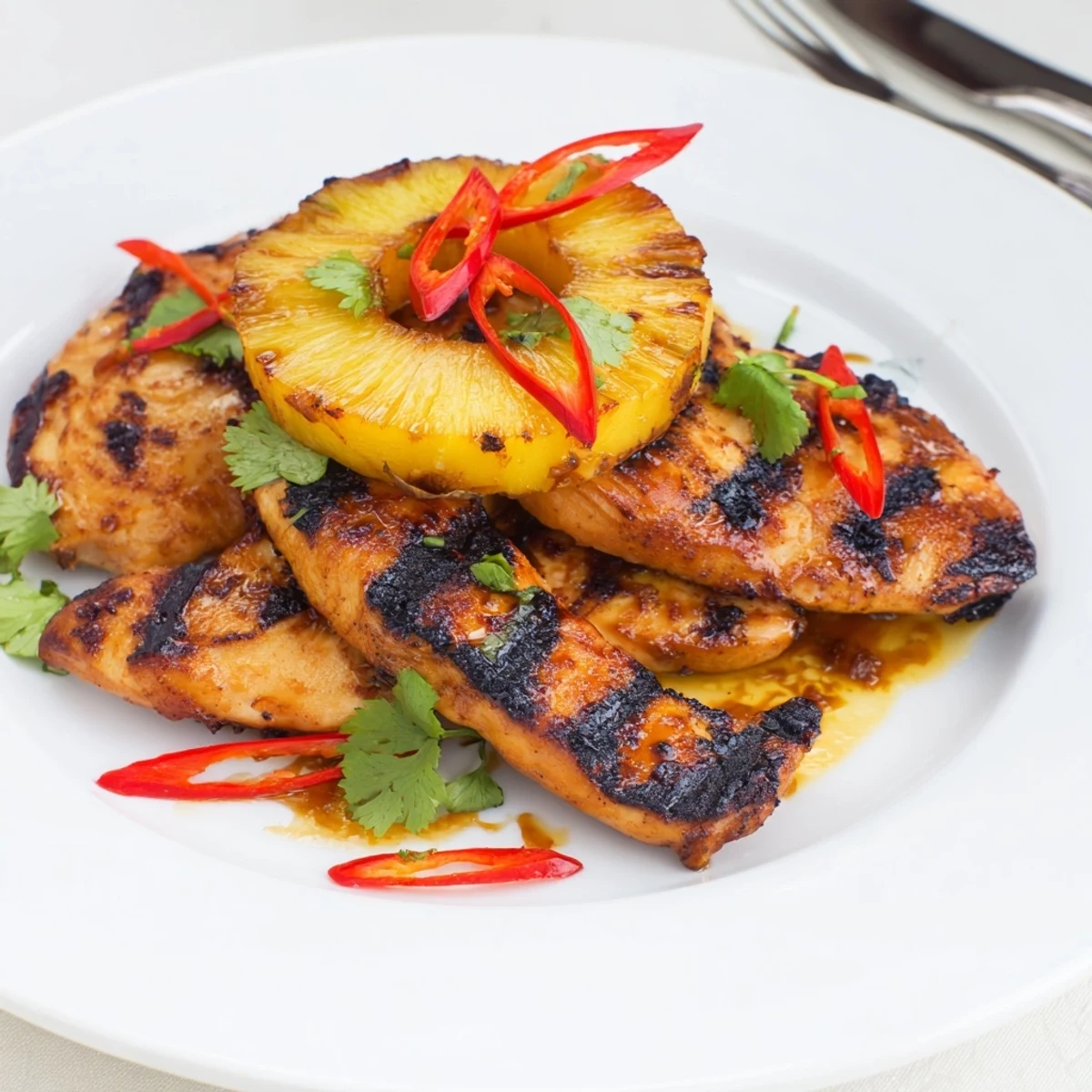 Spicy Chili Pineapple Grilled Chicken garnished with fresh cilantro and sliced red chili