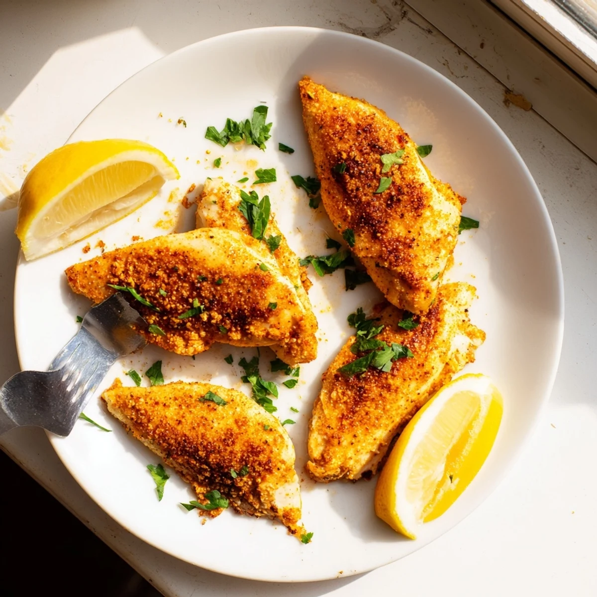 Juicy Paprika Parmesan Chicken sliced open revealing tender meat with herb garnish