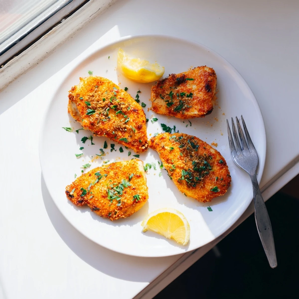 Crispy baked Paprika Parmesan Chicken served on a plate with lemon wedges