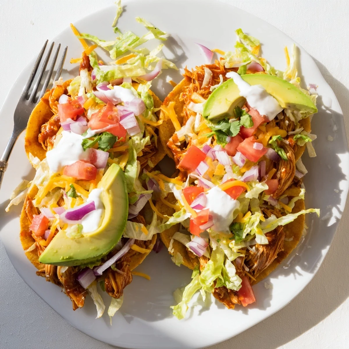 Sweet smoky BBQ chicken tostadas drizzled with sour cream and garnished with cilantro and lime