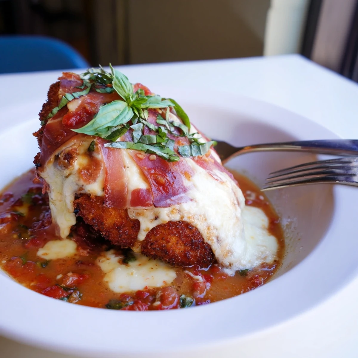 Golden Chicken Valdostana topped with melted Fontina and prosciutto in rich tomato sauce