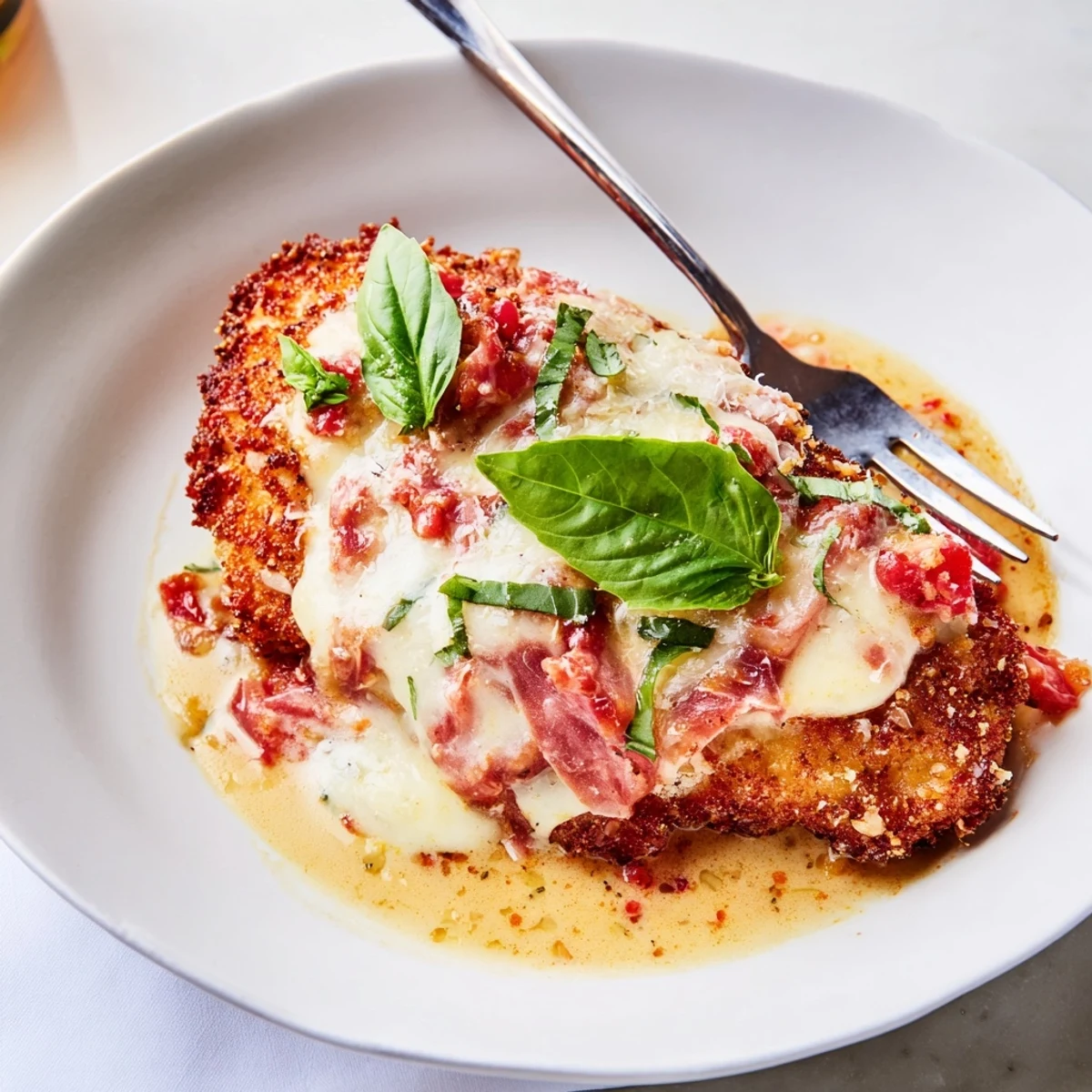 Crispy chicken breasts layered with ham and gooey cheese in white wine tomato sauce