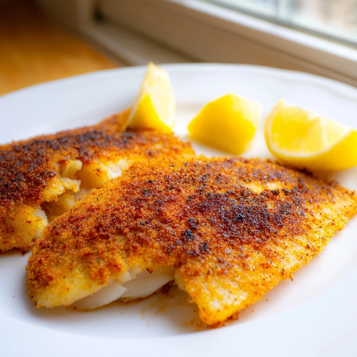 Golden pan fried tilapia fillets with a crispy seasoned crust served on a white plate
