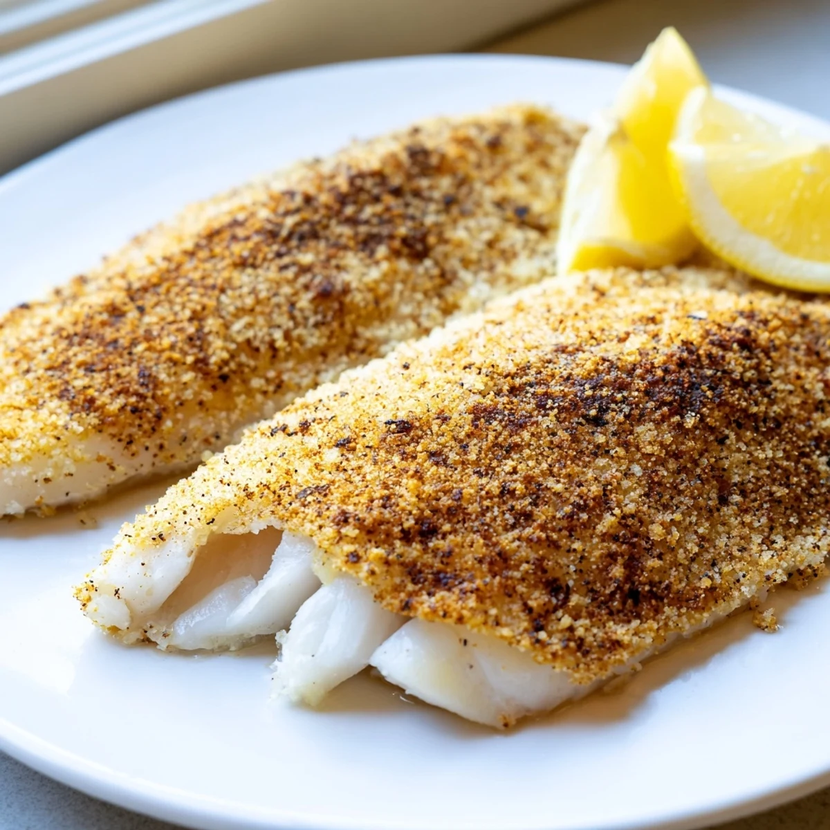 Pan fried tilapia resting on a platter next to fresh lemon wedges and herbs