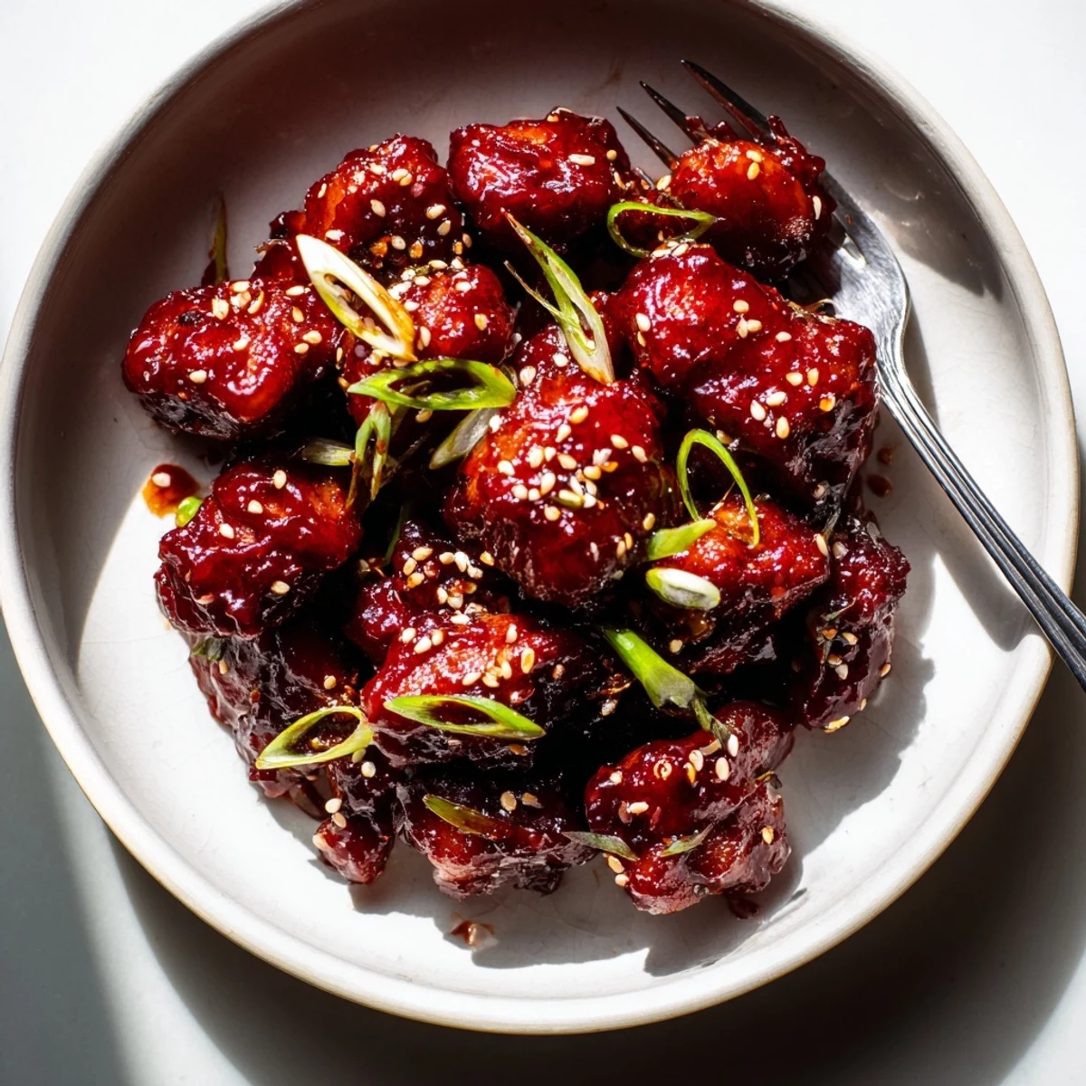 Gochujang Chicken glazed in sticky red sauce with sesame seeds and scallions