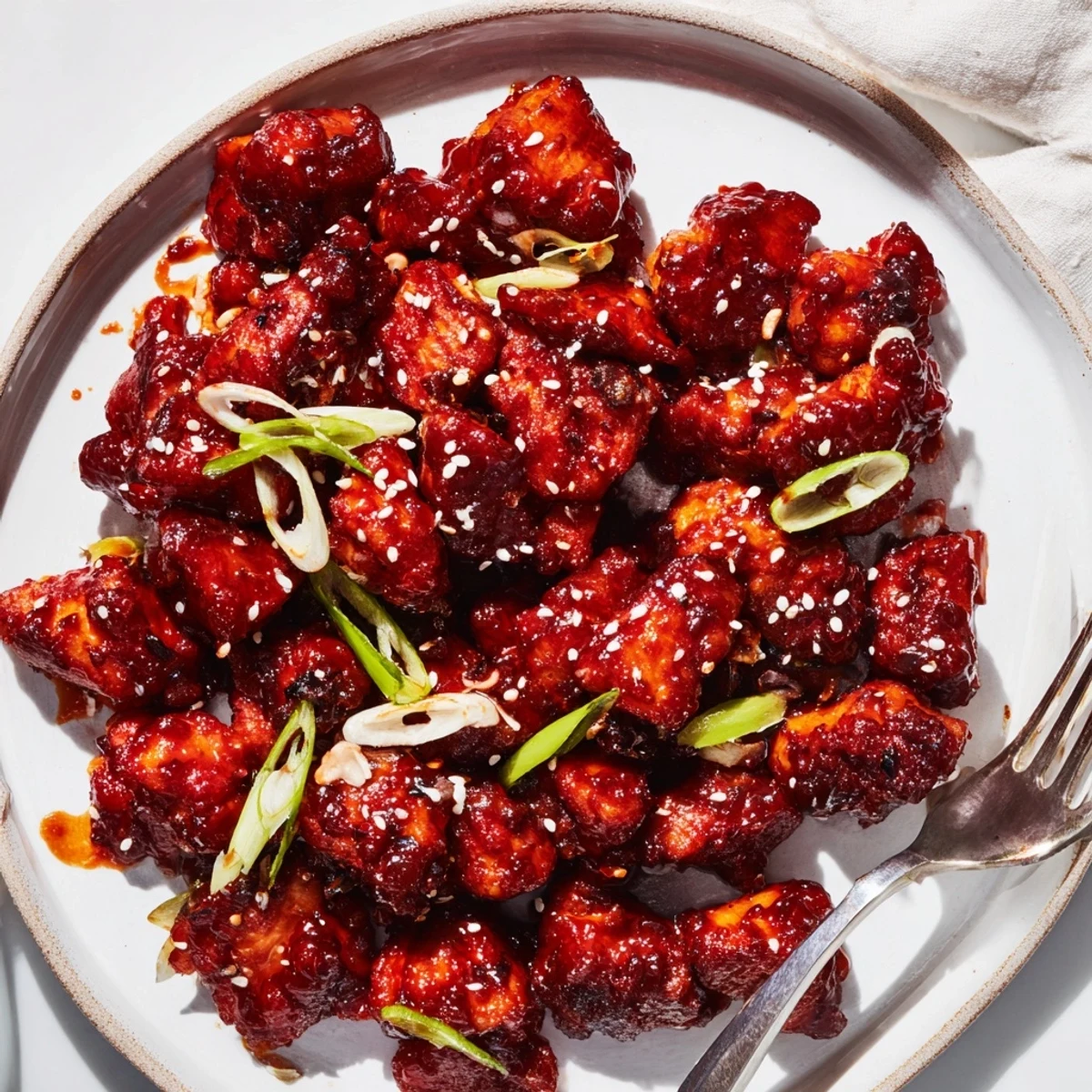 Crispy caramelized Gochujang Chicken sizzling in a skillet coated in rich marinade