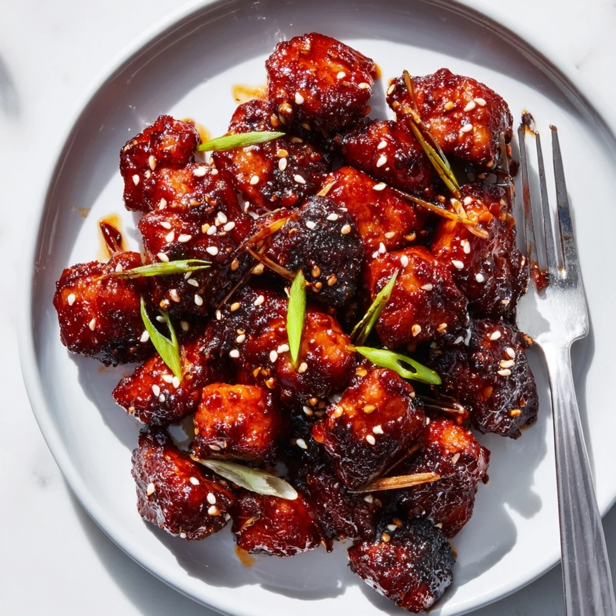 Tender Gochujang Chicken served over steamed rice garnished with green onions