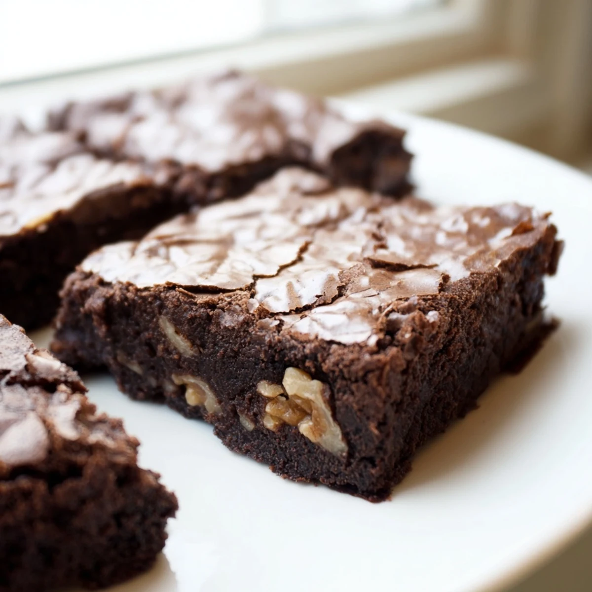 Thick ultimate brownies topped with chopped walnuts served on a white ceramic plate