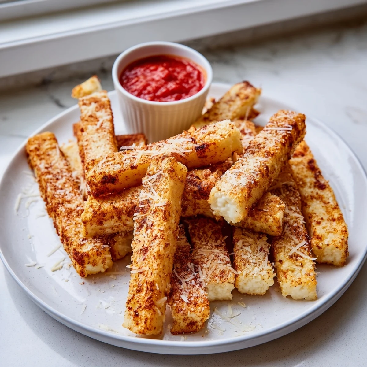 Crispy baked cottage cheese fries seasoned with smoked paprika served hot from the oven