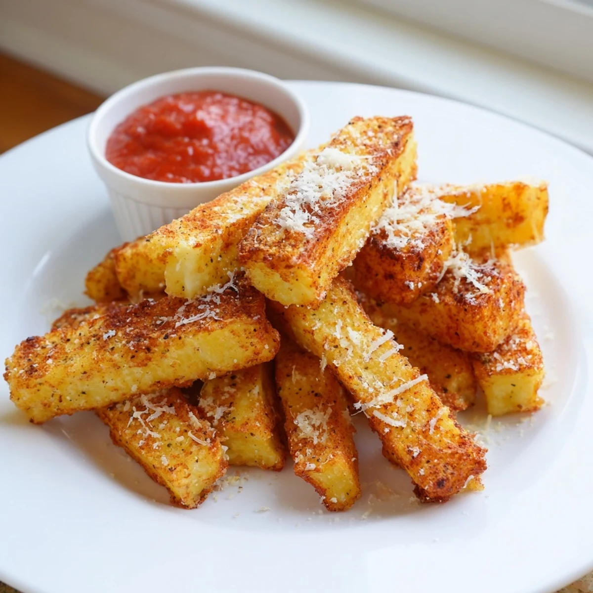 Golden baked cottage cheese fries arranged on parchment paper with a creamy dipping sauce nearby