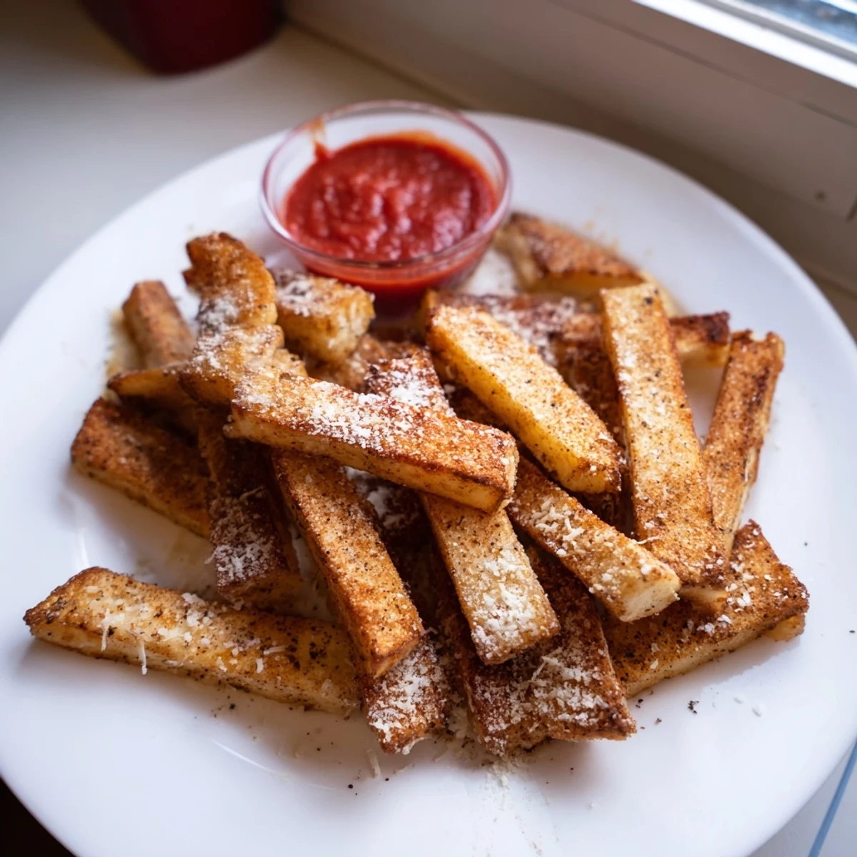Thick cut baked cottage cheese fries with herb garnish alongside a bowl of marinara