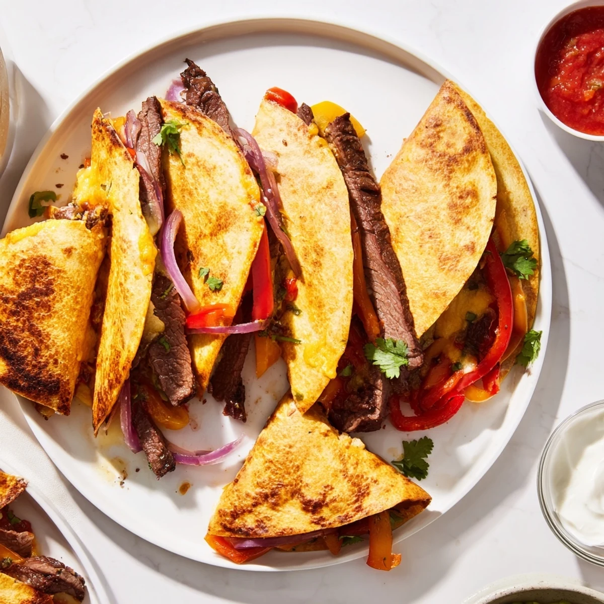 Golden steak quesadillas with melted cheese and peppers on a rustic wooden cutting board