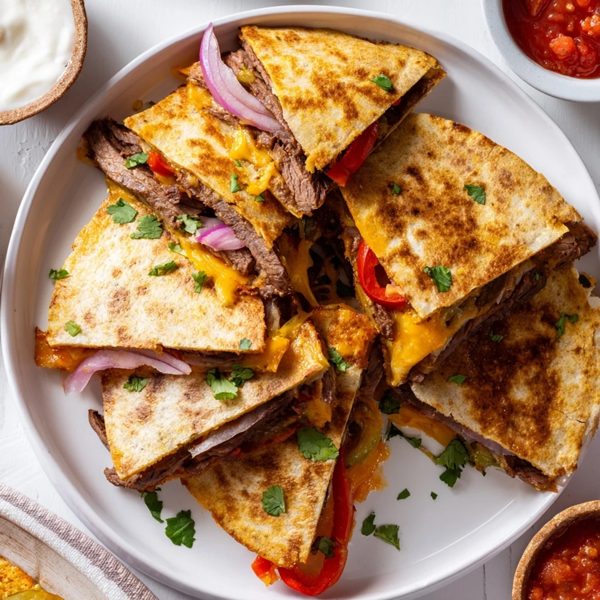 Crispy steak quesadillas cut into triangles topped with salsa and guacamole
