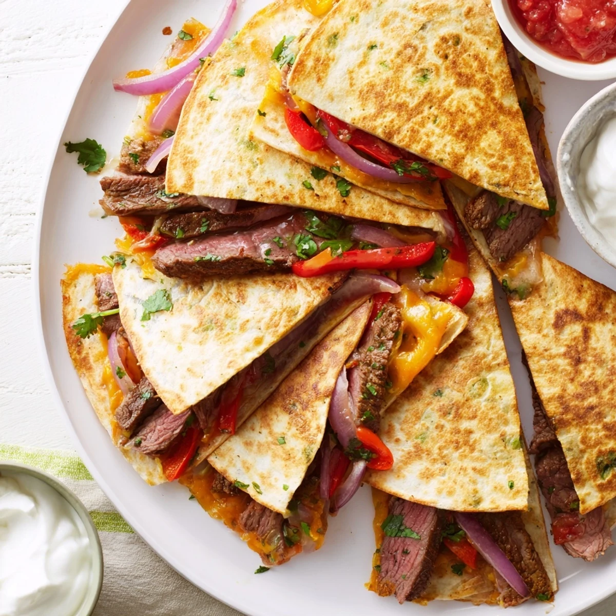 Sizzling steak quesadillas oozing with melted cheese and colorful sautéed vegetables