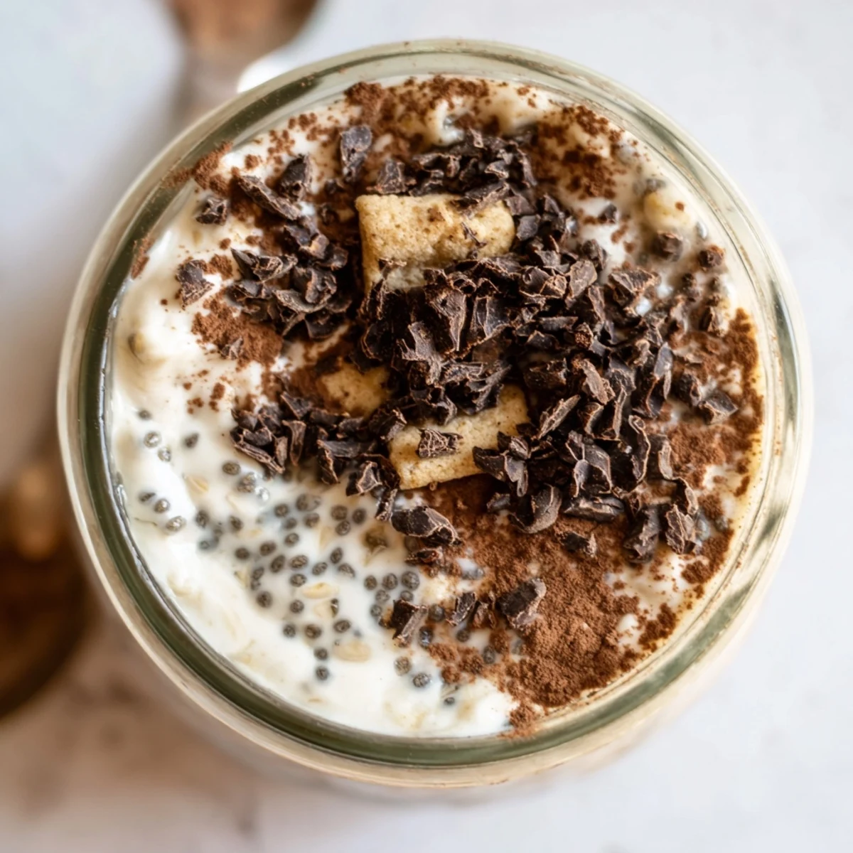 Tiramisu overnight oats served in glass jars topped with dark chocolate shavings
