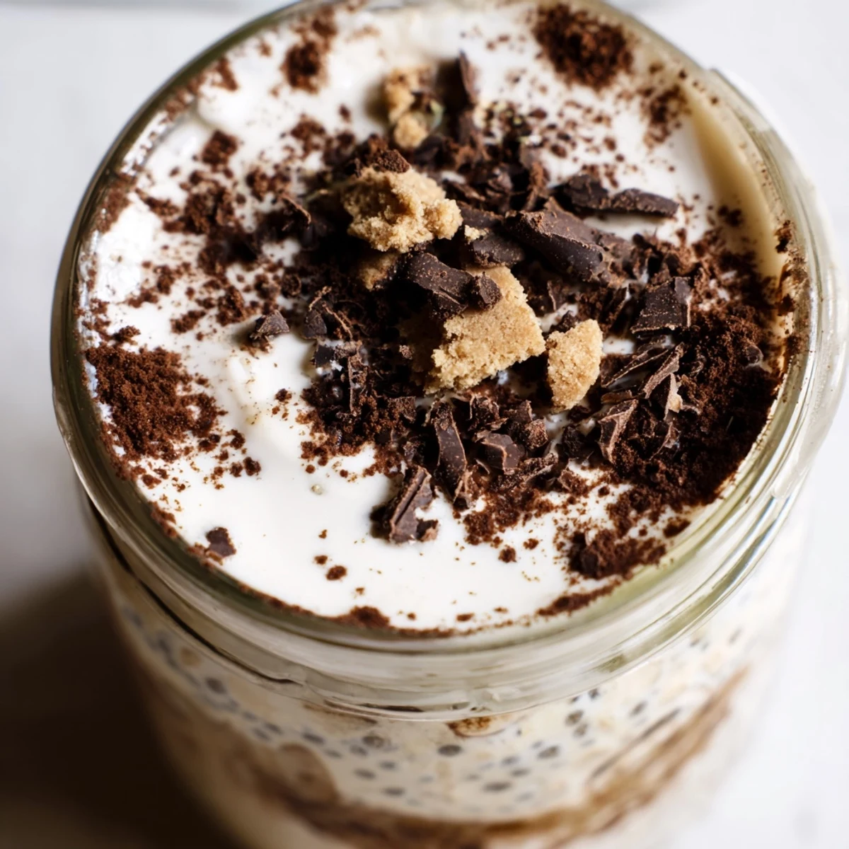 Rich coffee-infused tiramisu overnight oats with a velvety mascarpone layer and cocoa