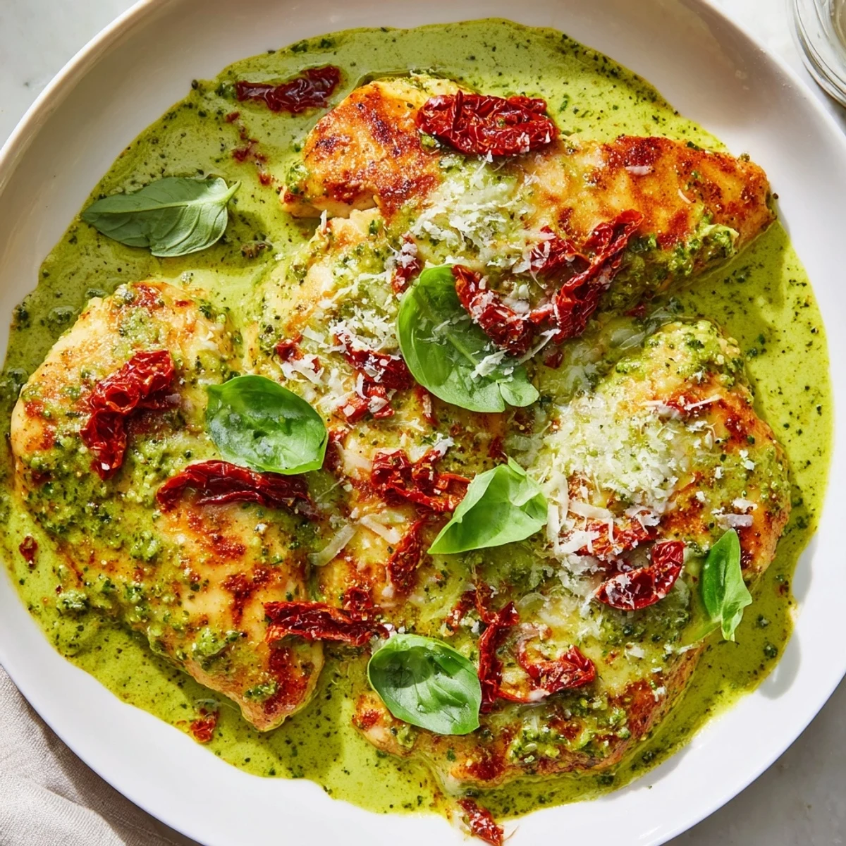 Creamy Marry Me Chicken Pesto in a golden skillet with fresh basil garnish