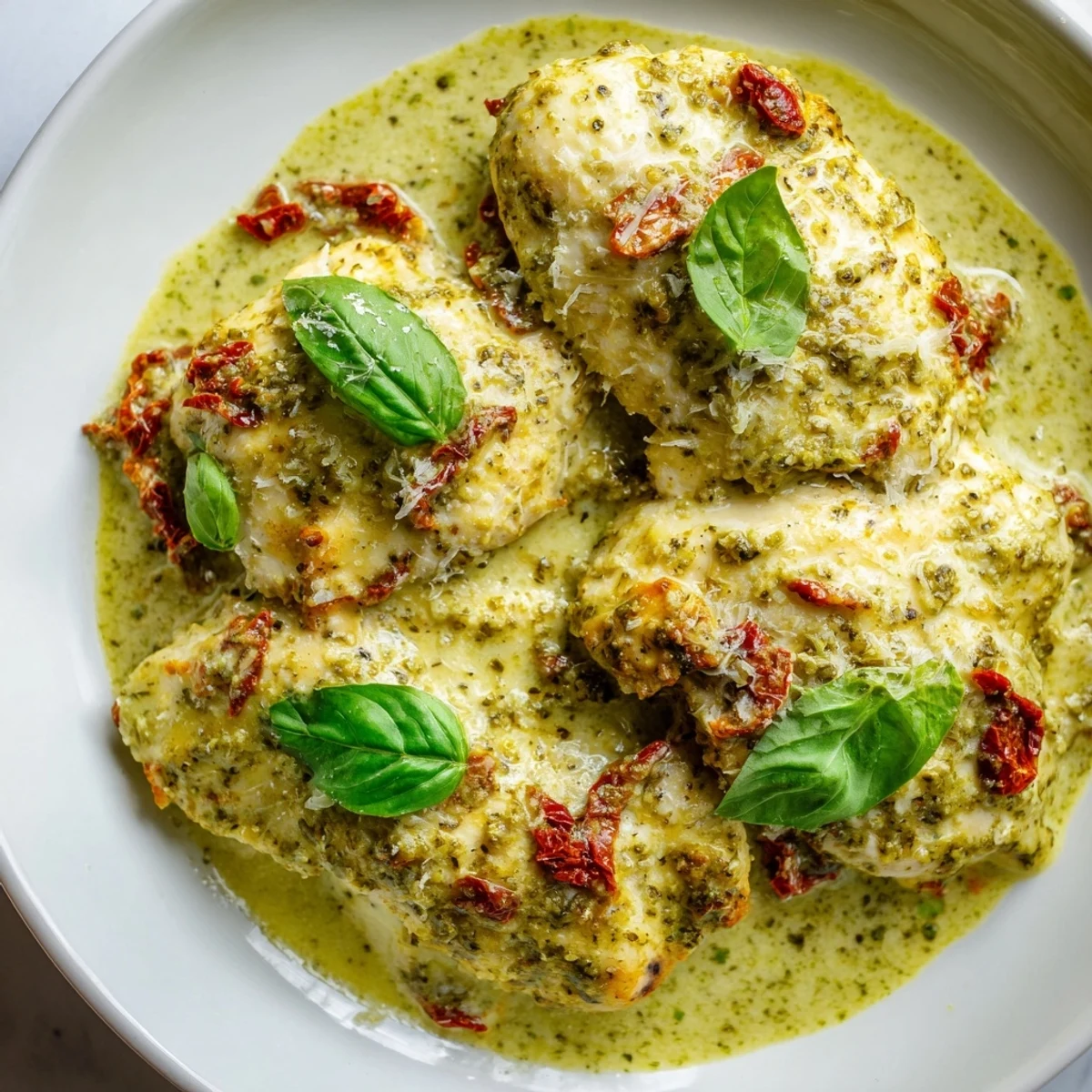Marry Me Chicken Pesto plated over pasta with sun-dried tomatoes and Parmesan