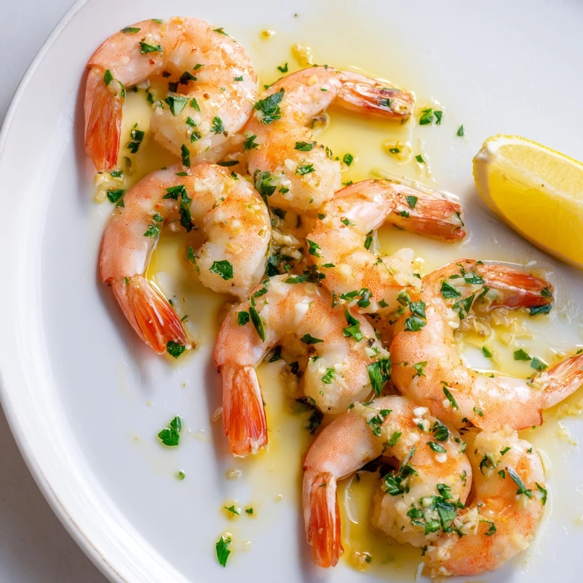Plump buttered shrimp sizzling in a cast iron skillet with minced garlic and herbs