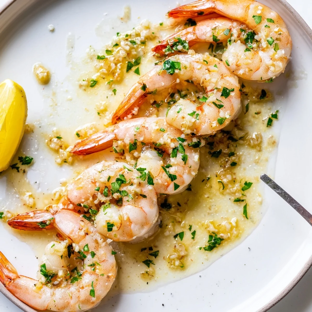 Golden buttered shrimp glistening in a garlicky lemon butter sauce with fresh parsley