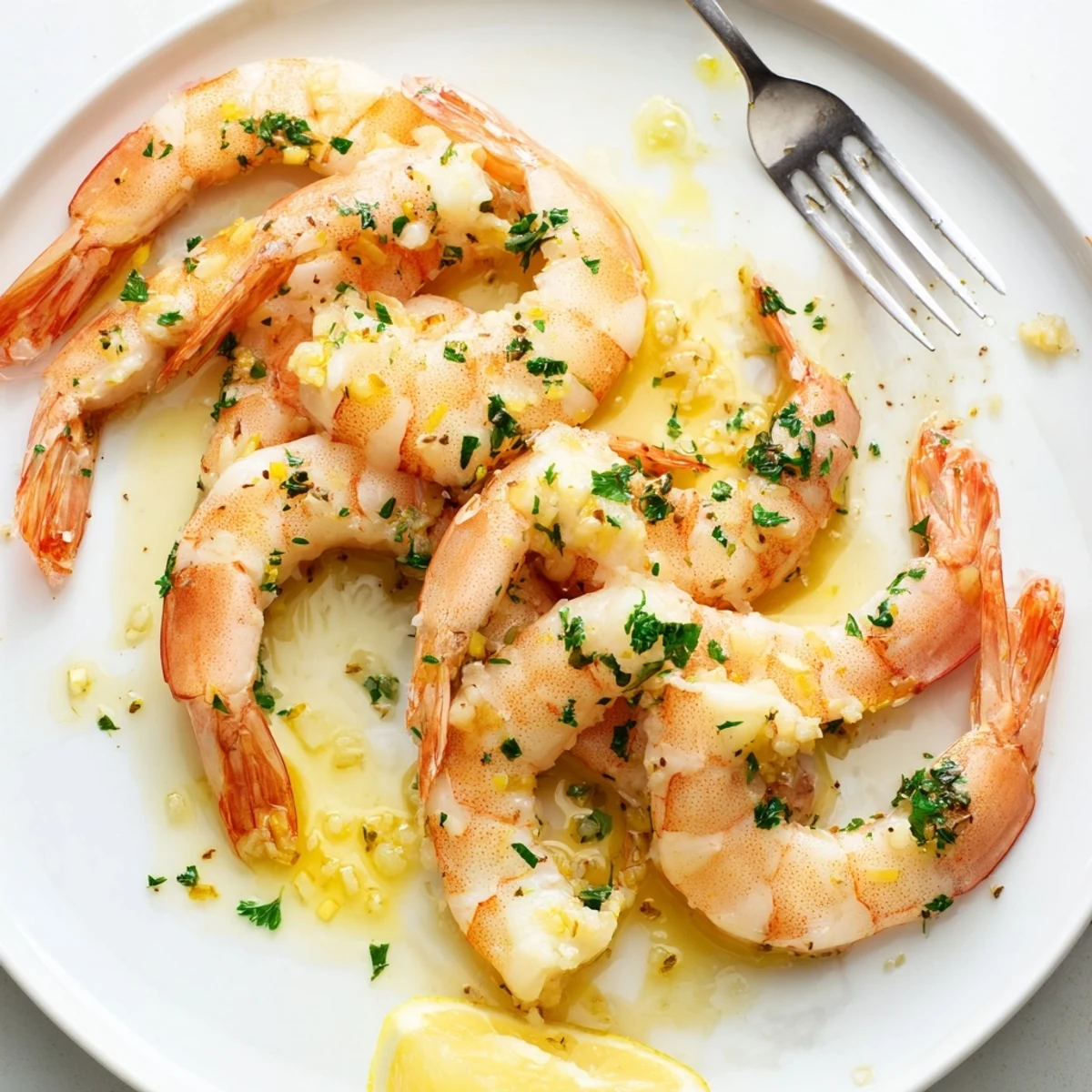 Succulent buttered shrimp coated in a rich golden butter sauce ready for serving