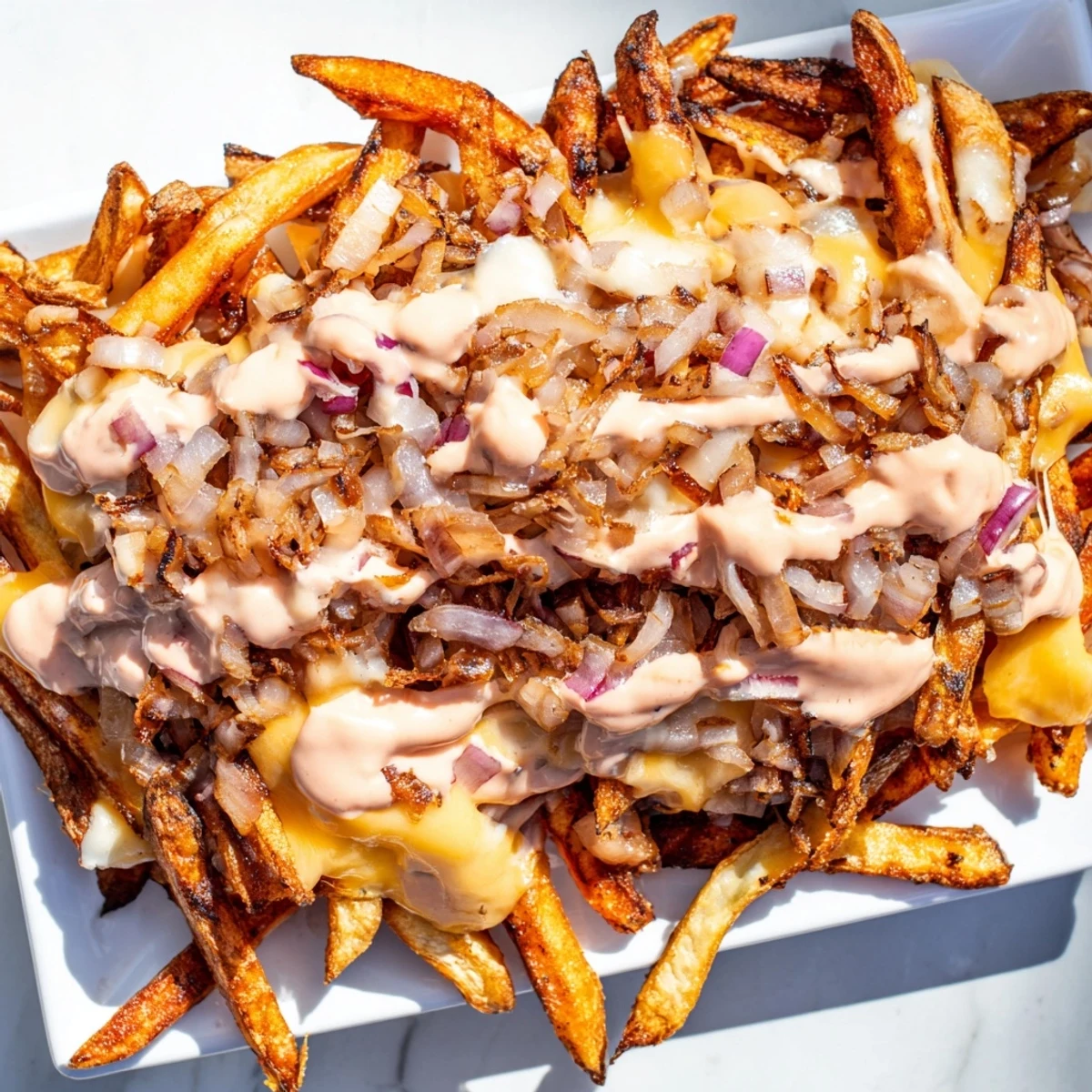 In N Out Animal Style Fries topped with savory grilled onions and creamy sauce