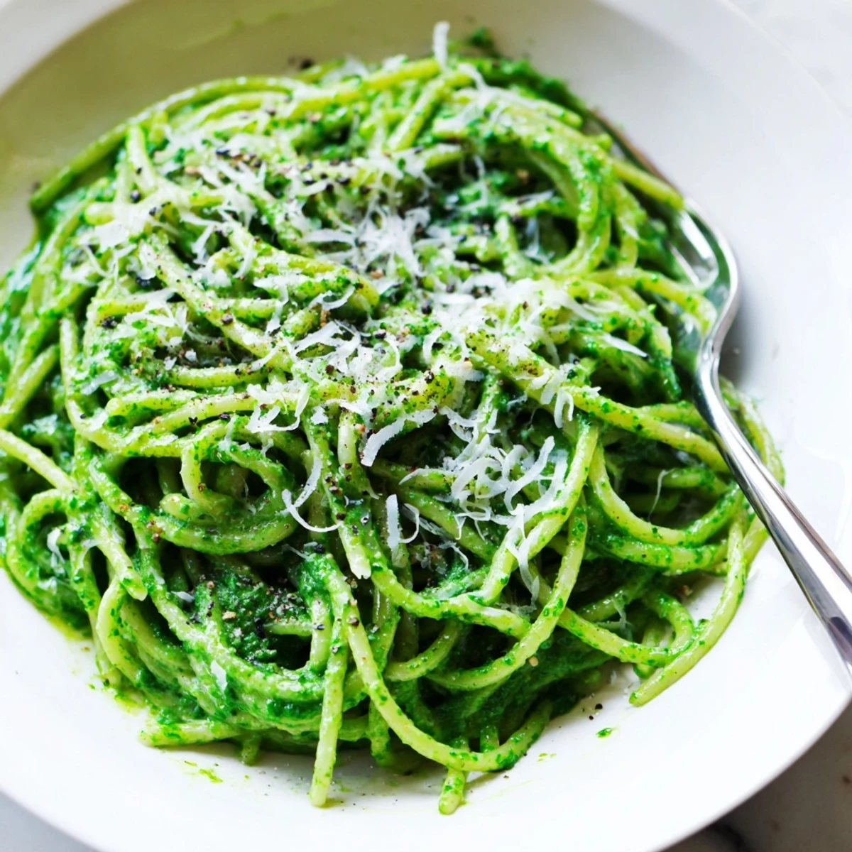 Bright wild garlic pesto pasta coated in silky green sauce on a white plate